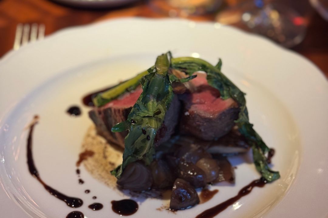 Sliced meat with charred greens and a balsamic drizzle on a white plate.