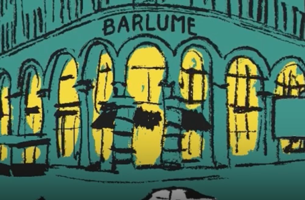 An illustrated storefront with a lit archway and the name 